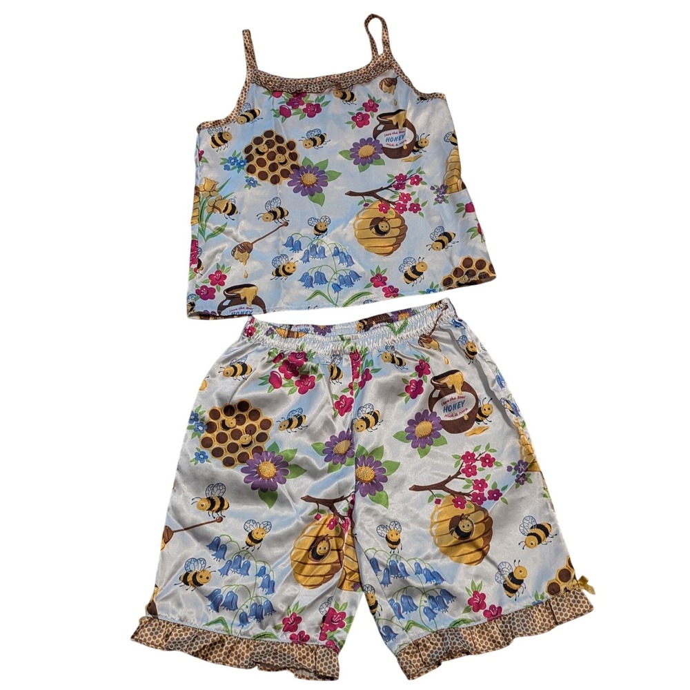 Y2K Nick & Nora Pajama Set Kid Sz 6X Save The Honeybee Satin Cami Shorts 2pc PJs